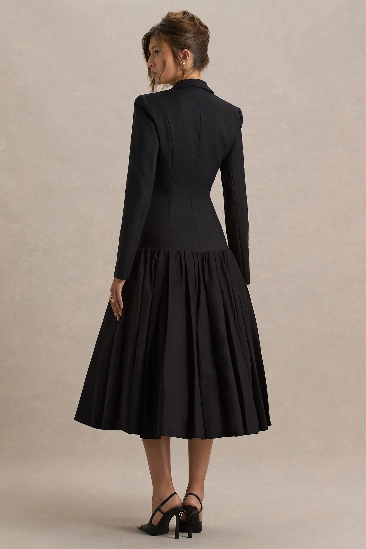 Cosmopolitan | Black Plunge-Neck Tailored Midi Dress With Pleated Hem
