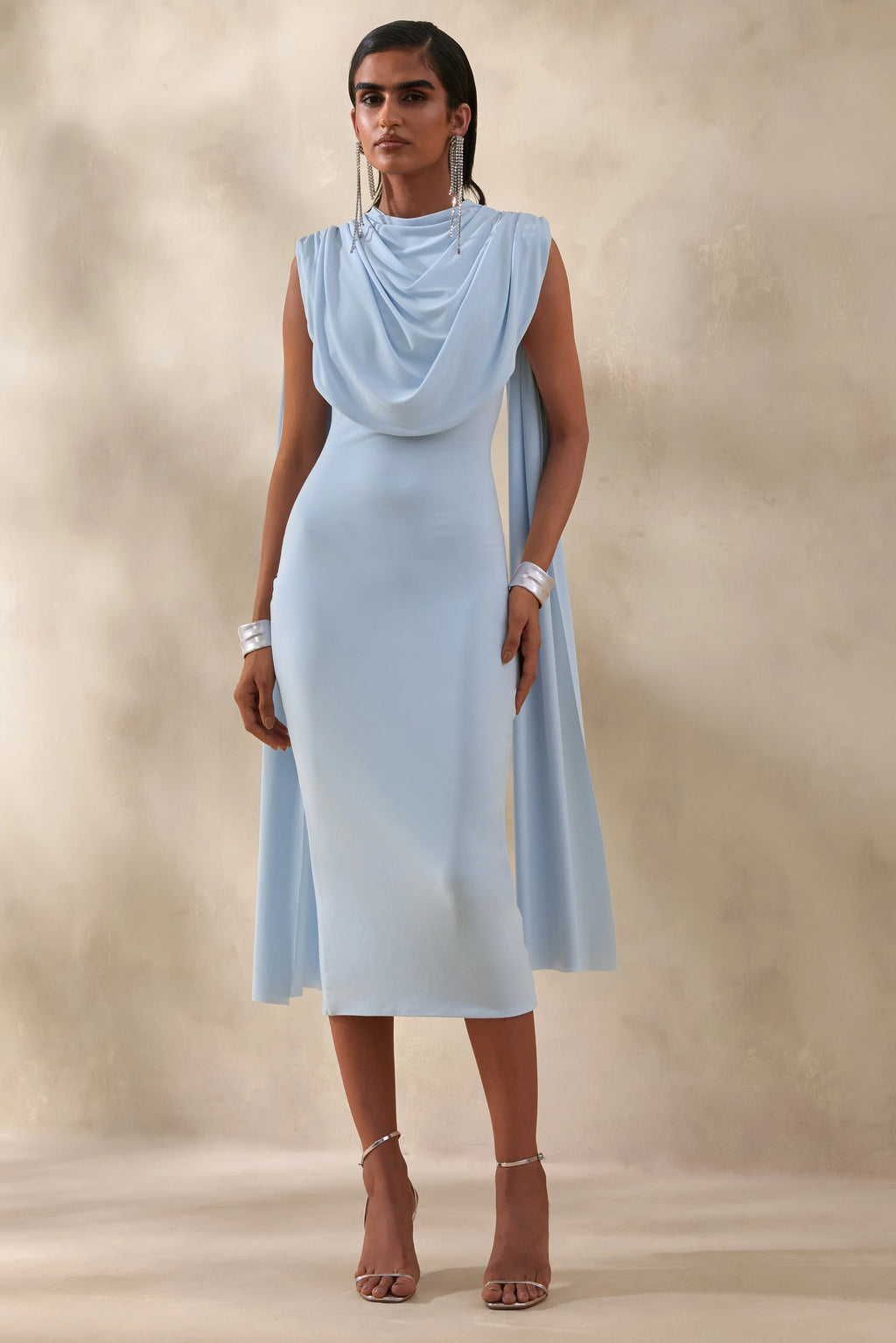 Lysandria | Powder Blue High-Neck Midi Dress With Draped-Detailing