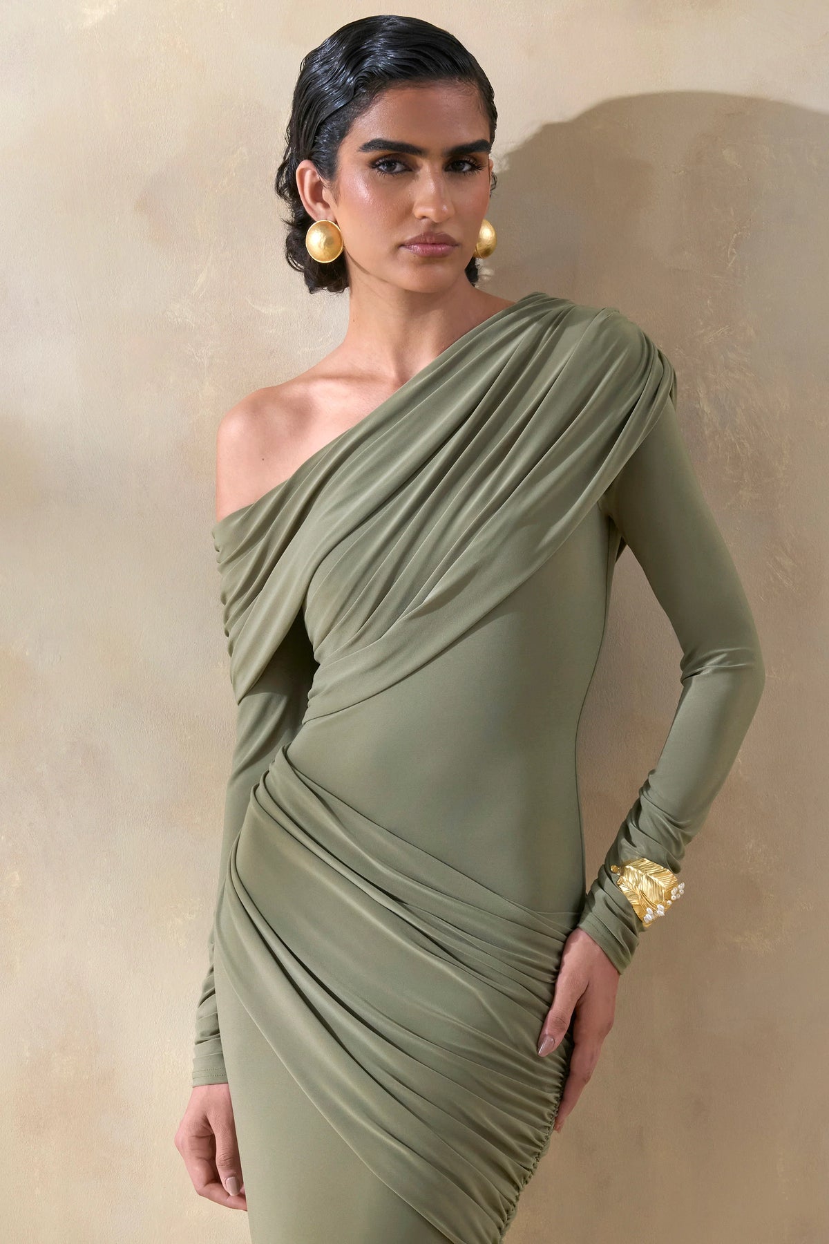 Rosirene | Olive Asymmetric-Neck Maxi Dress With Draped-Detailing