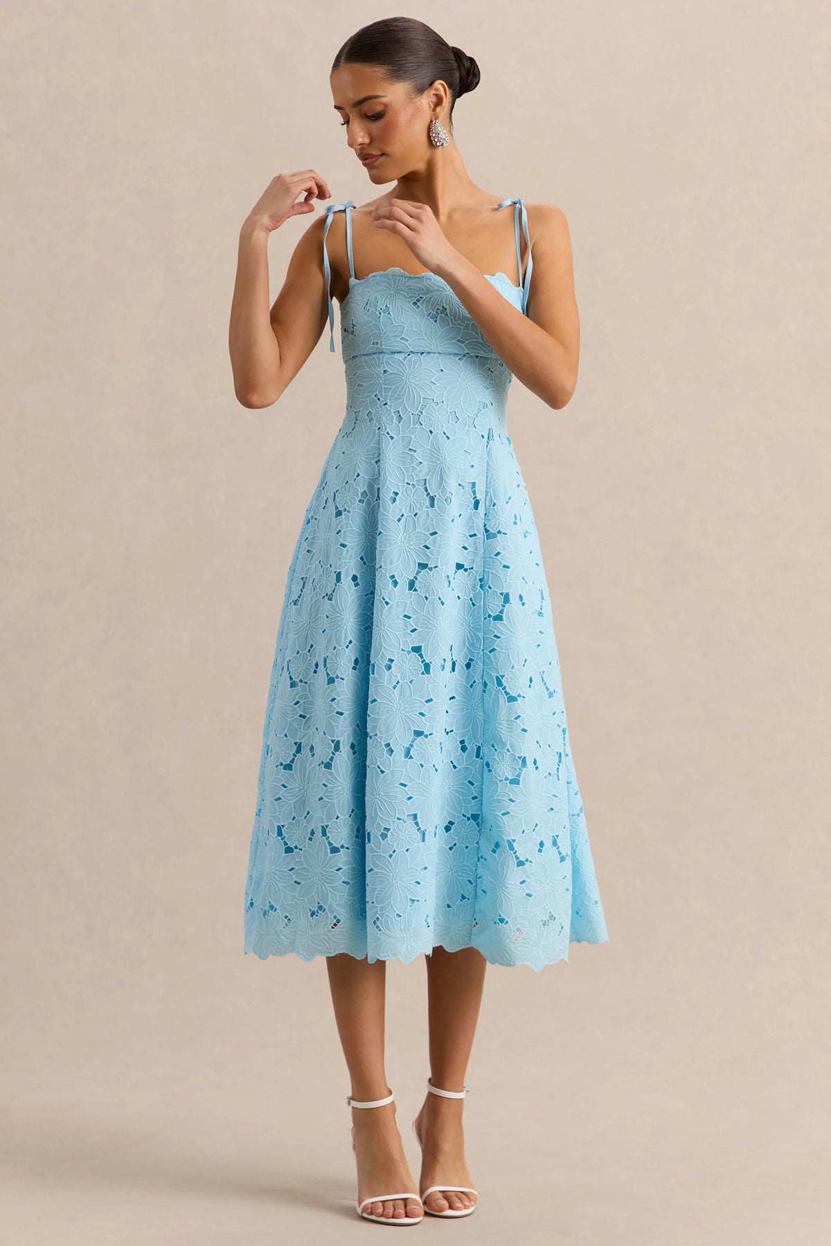 Anna | Embroidered Powder Blue Square-Neck Midi Dress