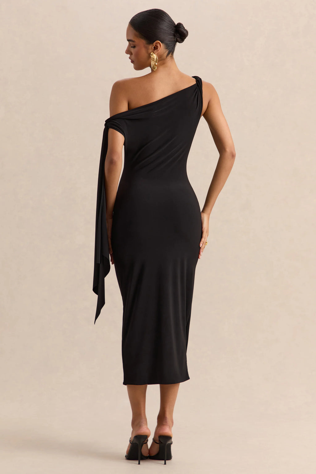 Arcelia | Black Asymmetric-Neck Midi Dress With Knot-Sleeve Detail