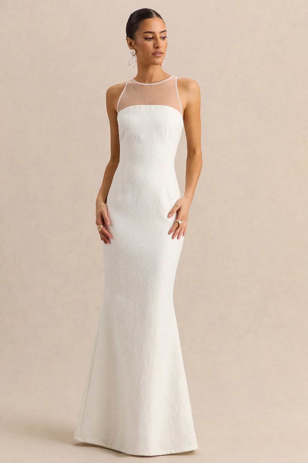 Rosevine | White Crew-Neck Maxi Dress With Mesh Panel