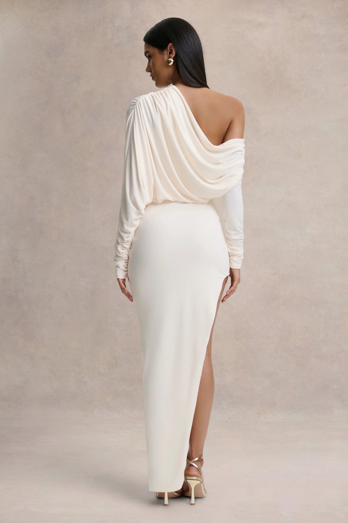 Olivia | Cream Asymmetric-Neck Maxi Dress With Ruched Detailing Asymmetric-Hem