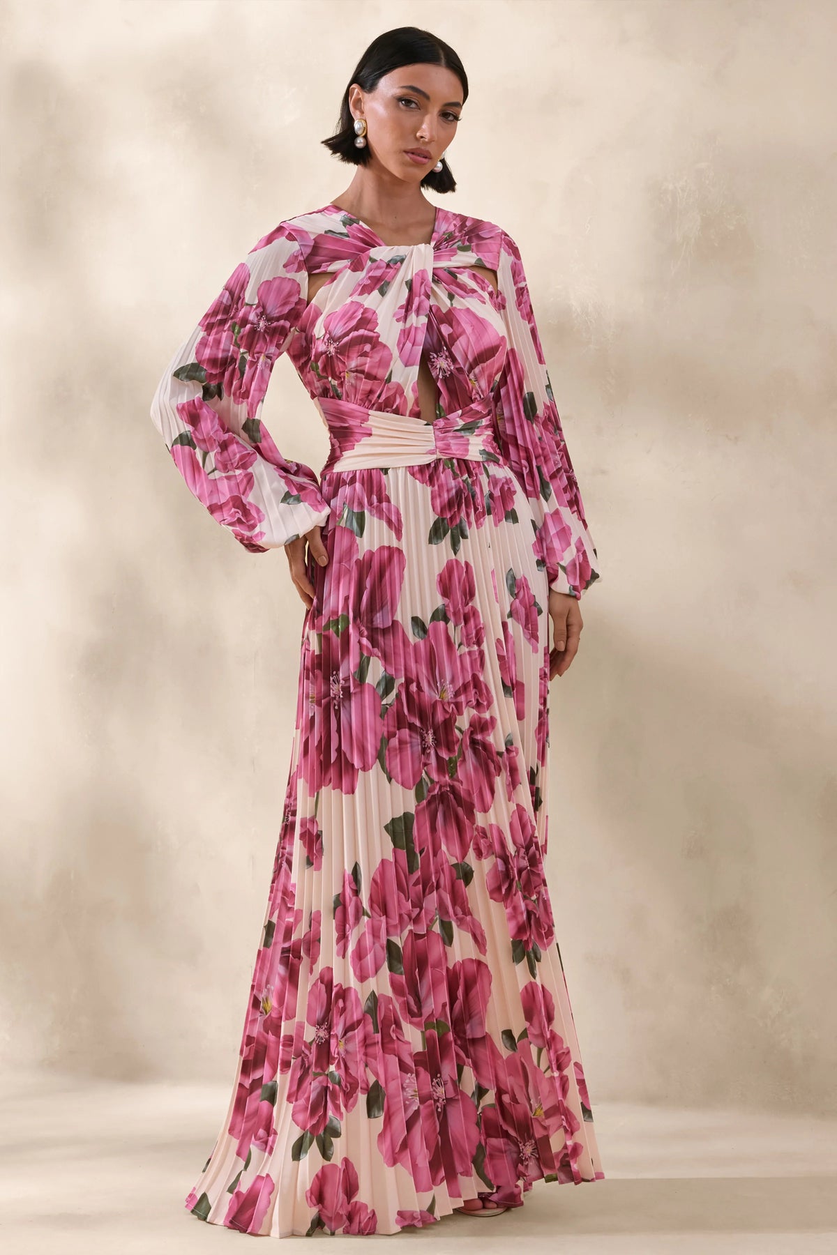 Rionna | Pink Hibiscus Print High-Neck Maxi Dress With Cut-Out Detailing