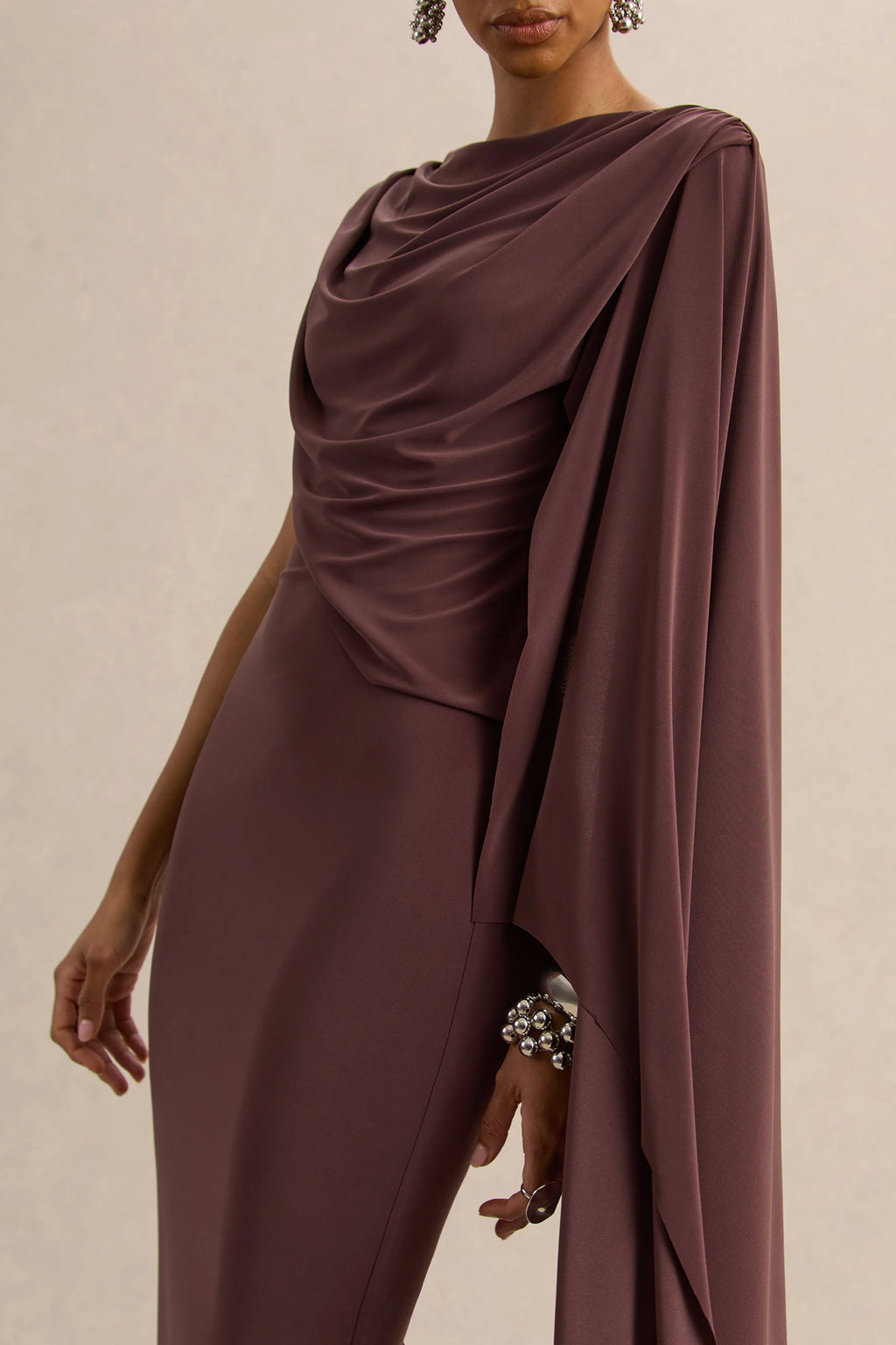 Kamoria | Brown Round-Neck Midi Dress With Cape-Sleeve