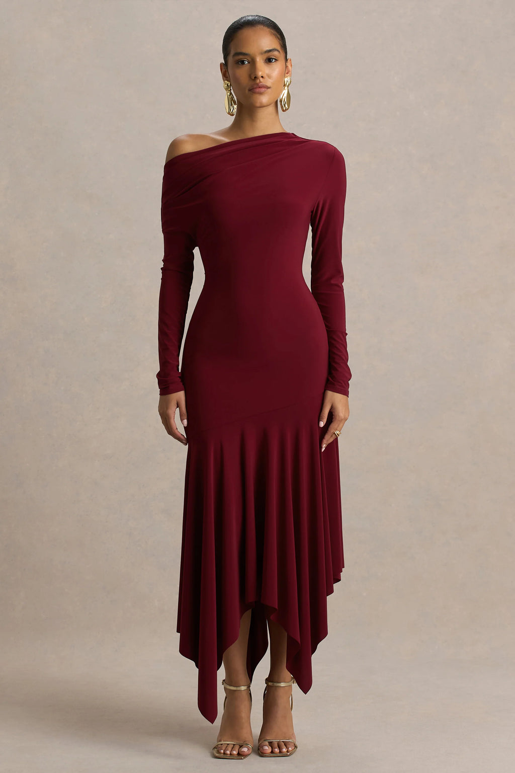 Isola | Burgundy Asymmetric-Neck Midi Dress With Hanky-Hem