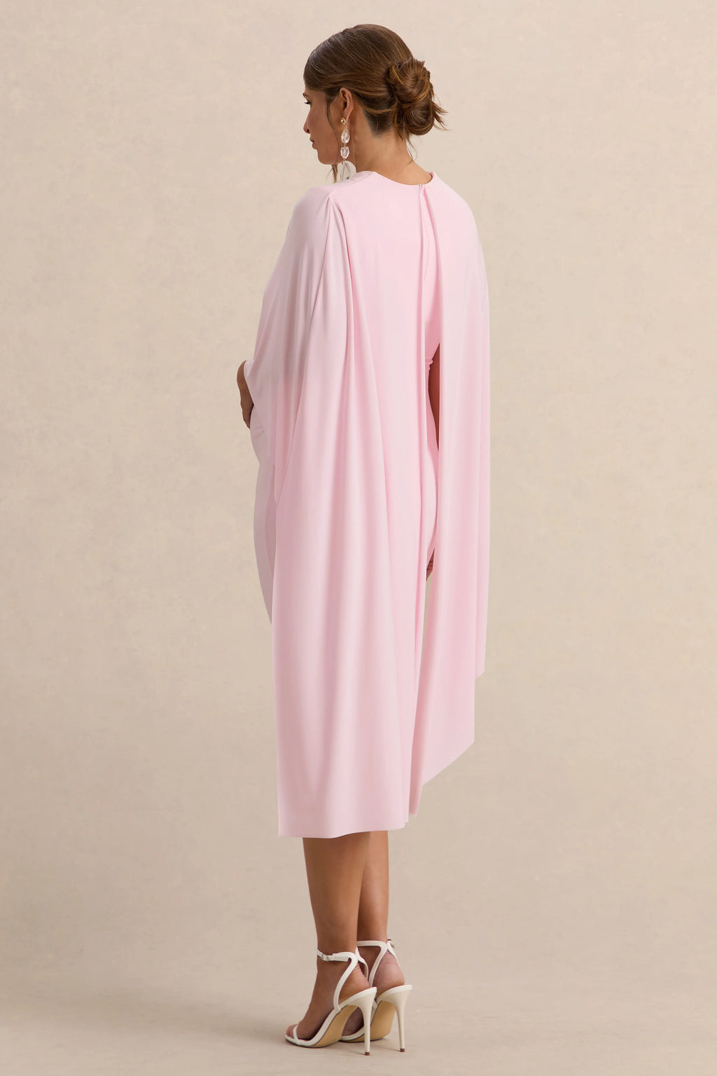 Arwen | Light Pink Round-Neck Maternity Midi Dress With Cape Detail