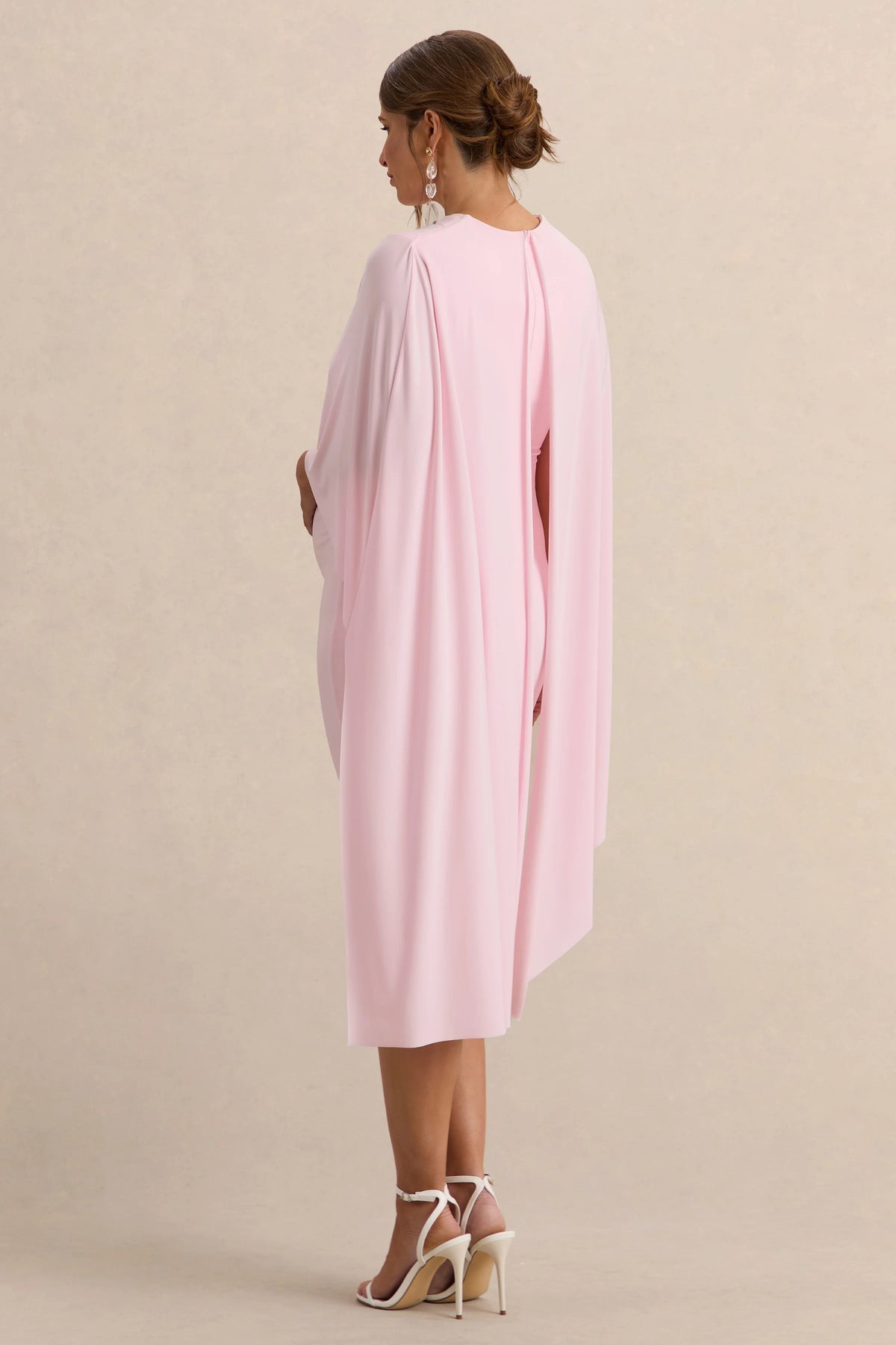Arwen | Light Pink Round-Neck Maternity Midi Dress With Cape Detail