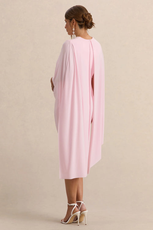 Arwen | Light Pink Round-Neck Maternity Midi Dress With Cape Detail