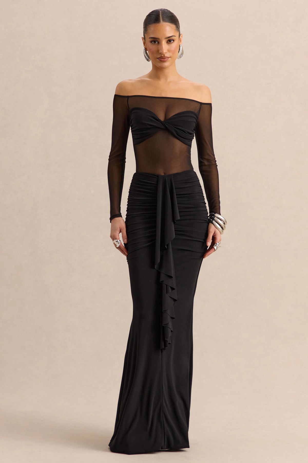 Maira | Black Mesh Bardot-Neck Thong Bodysuit