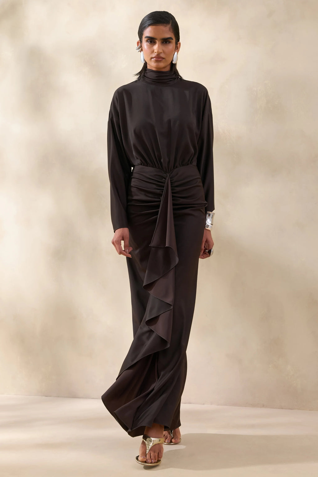 Perla | Dark Brown High-Neck Maxi Dress With Gathered-Detailing