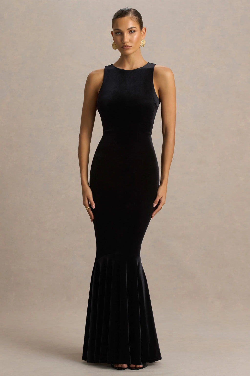 Pippa | Black Velvet Crew-Neck Mermaid Maxi Dress