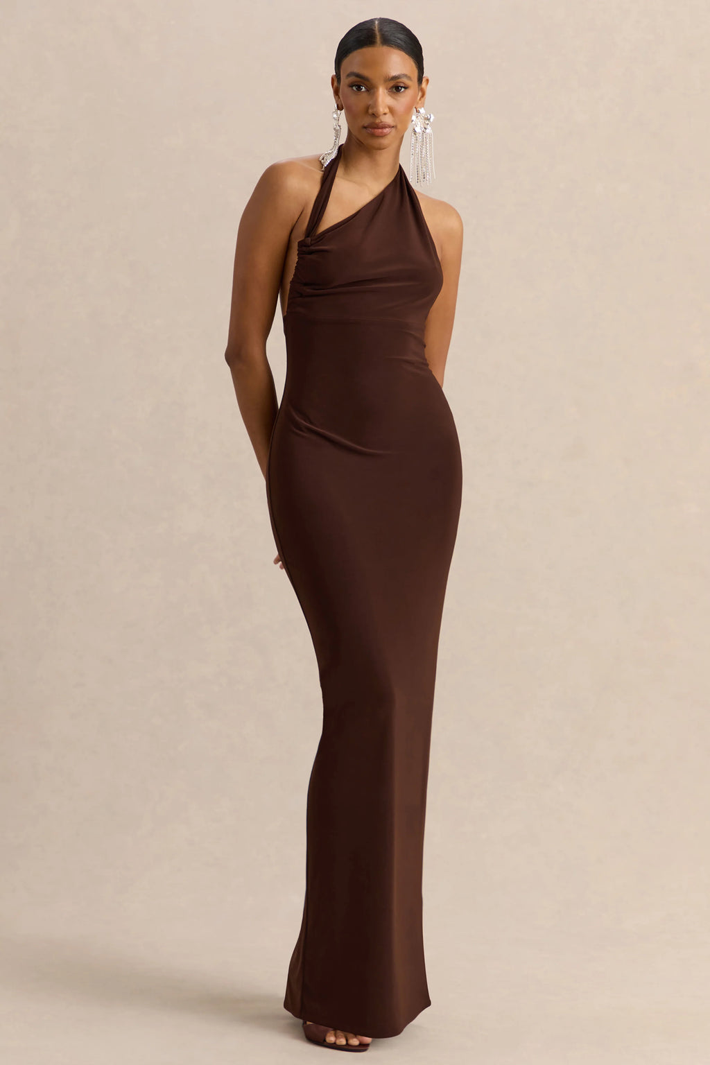 Delisse | Brown Asymmetric-Neck Maxi Dress