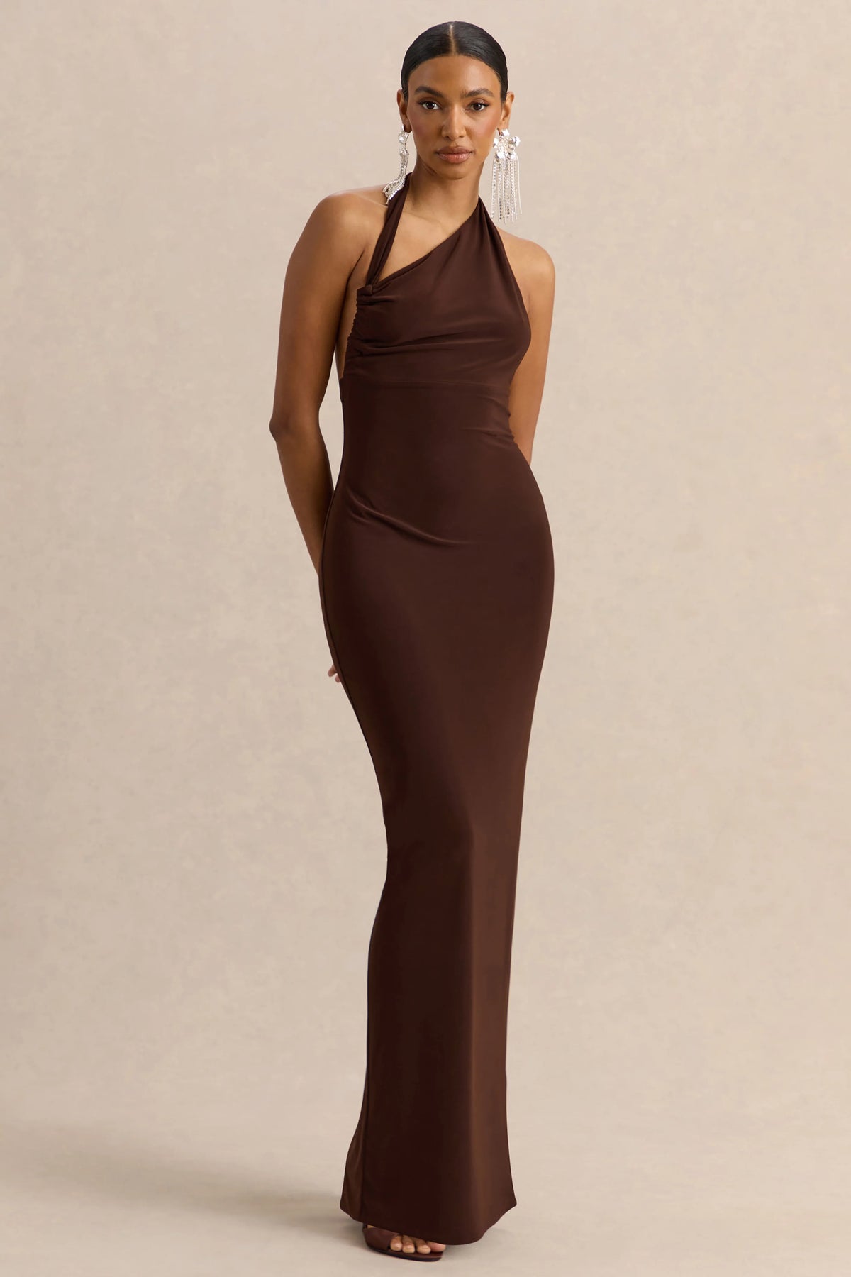 Delisse | Brown Asymmetric-Neck Maxi Dress