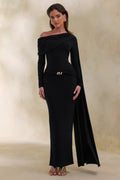 Bessy | Black Asymmetric-Neck Maxi Dress With Gathered-Detailing And Sash