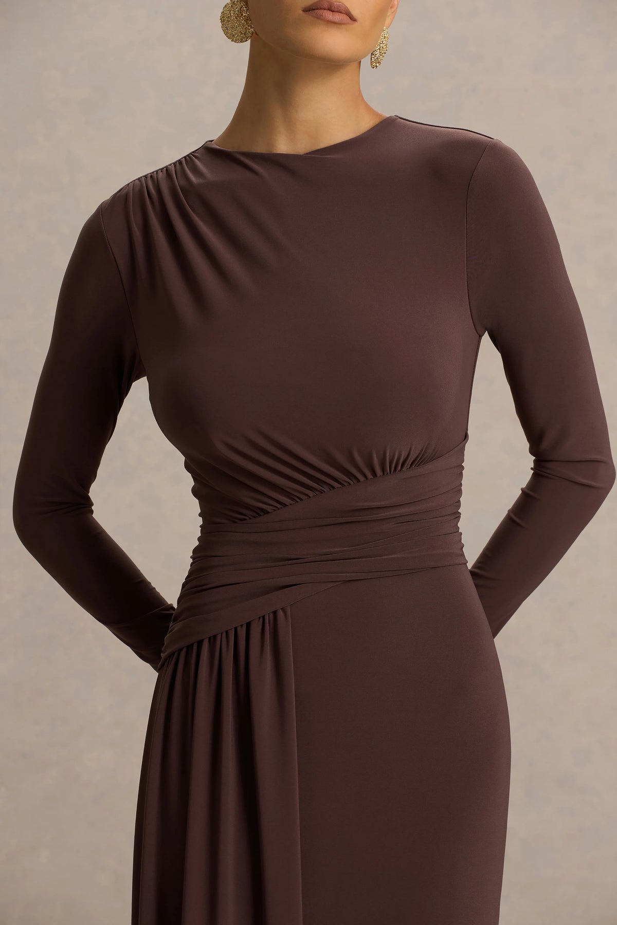Virelle | Brown Boat-Neck Maxi Dress With Wrap Detail And Sash