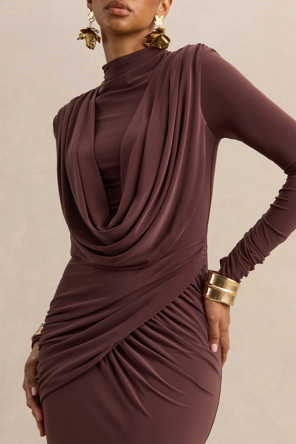 Karinthia | Brown High-Neck Maxi Dress With Draped-Detailing