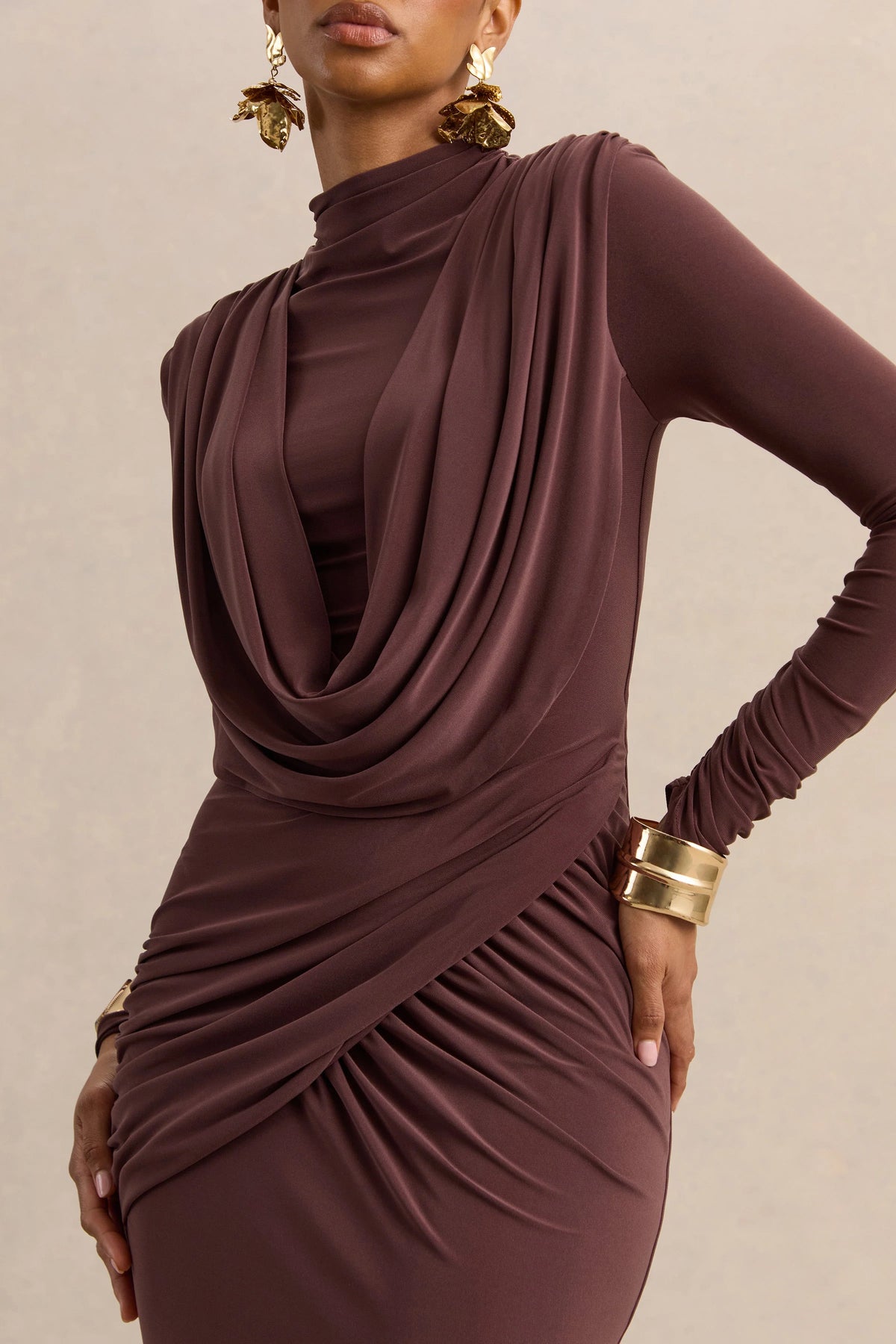 Karinthia | Brown High-Neck Maxi Dress With Draped-Detailing