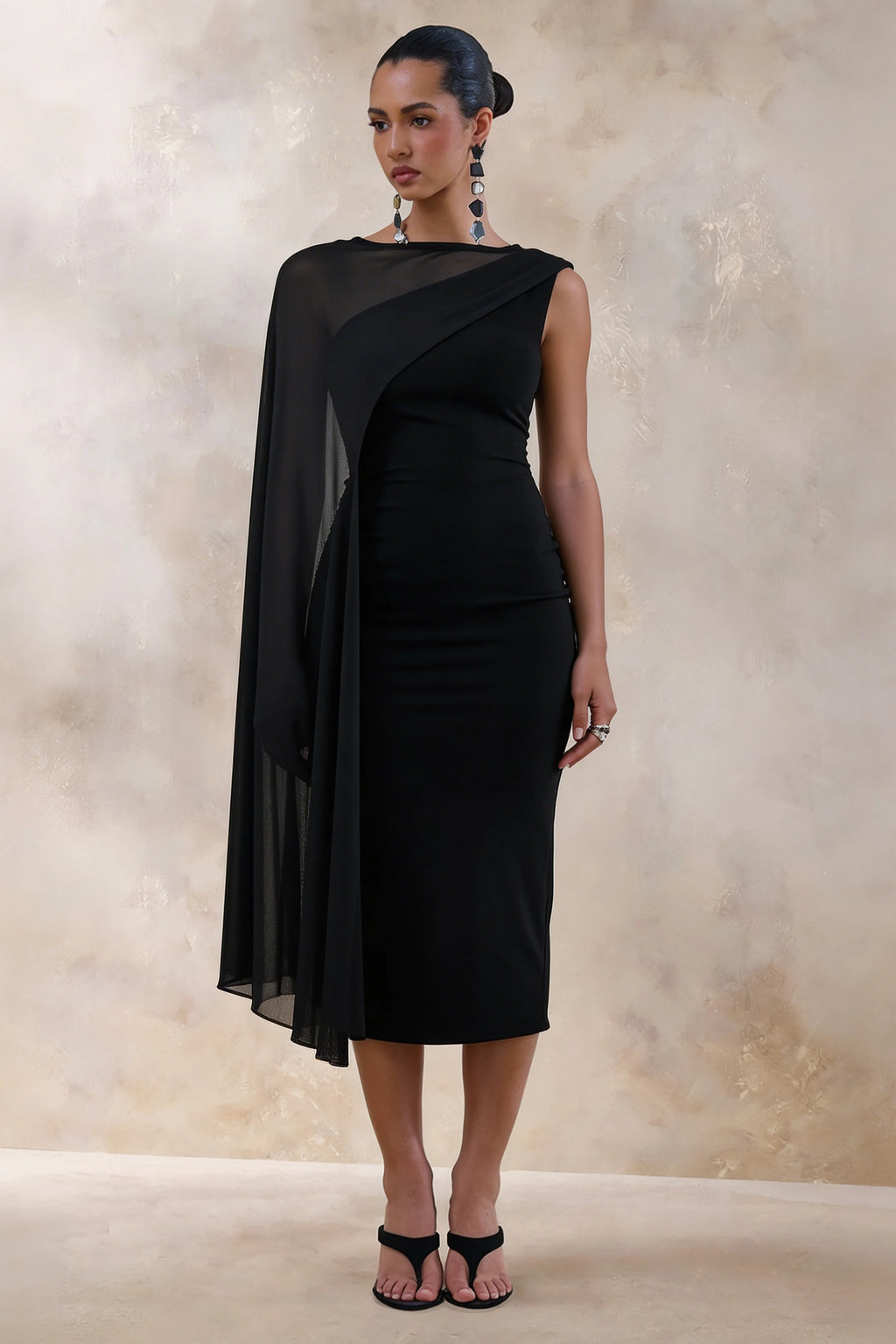 Caloria | Black Asymmetric-Neck Midi Dress With Mesh-Cape