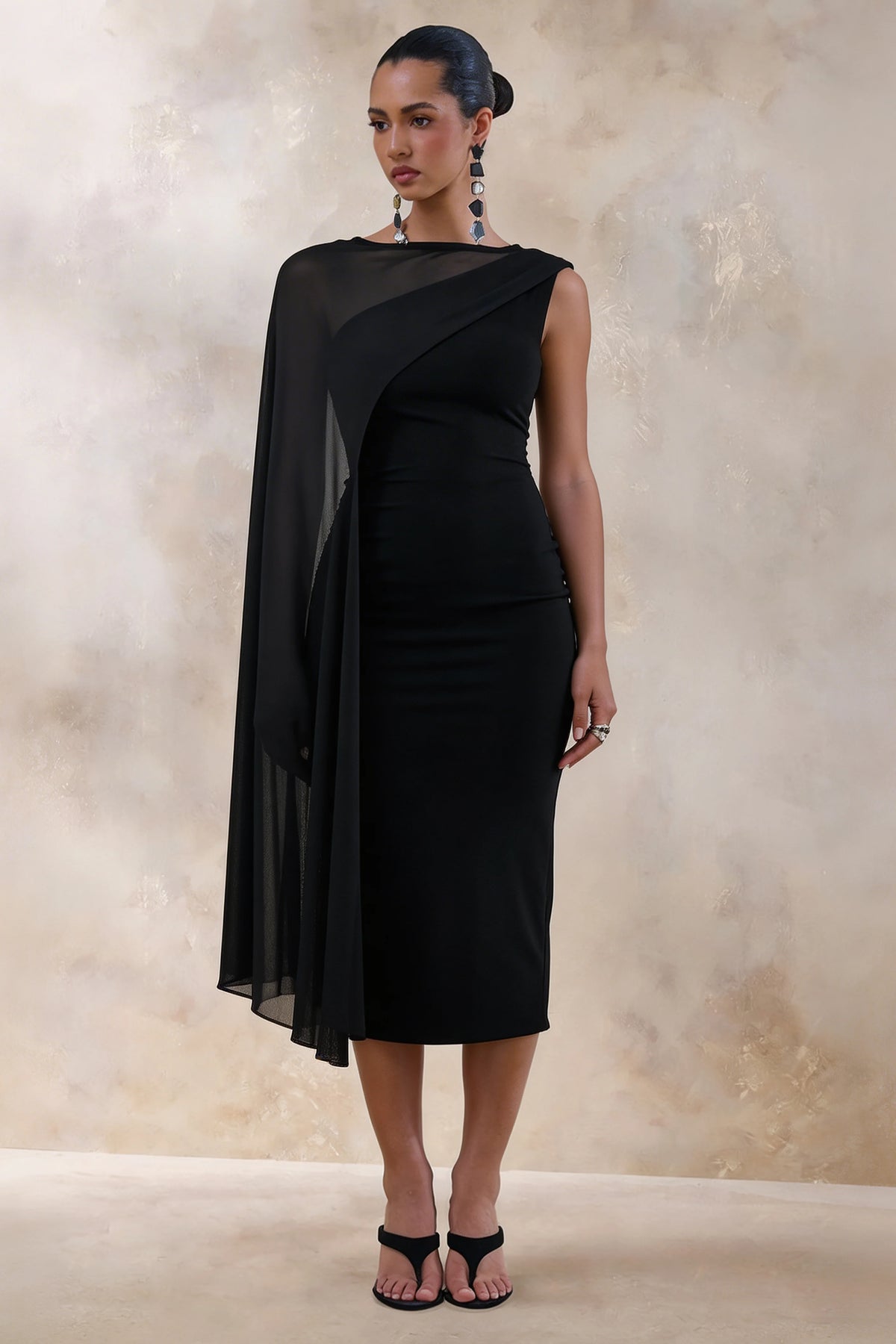 Caloria | Black Asymmetric-Neck Midi Dress With Mesh-Cape