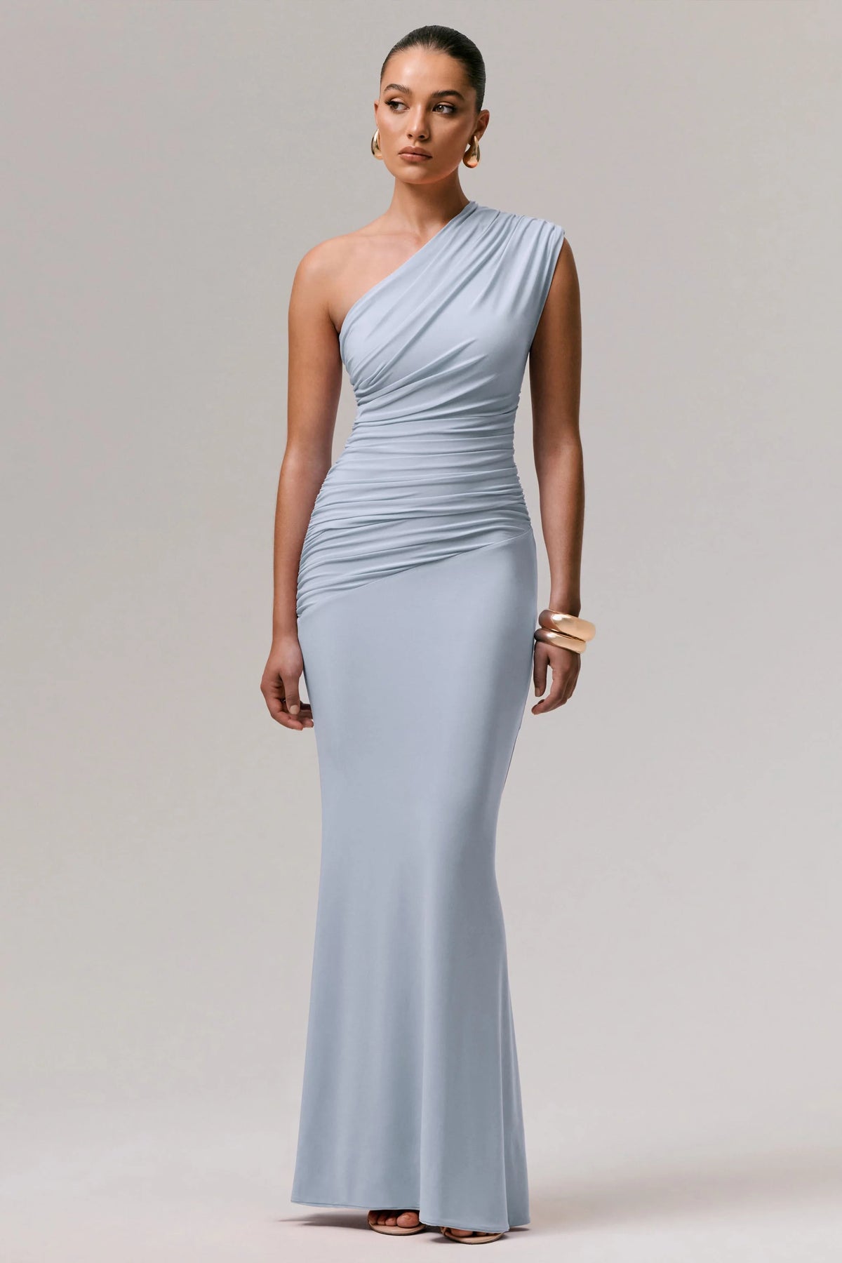 Mardi | Powder Blue Asymmetric Maxi Dress With Ruching