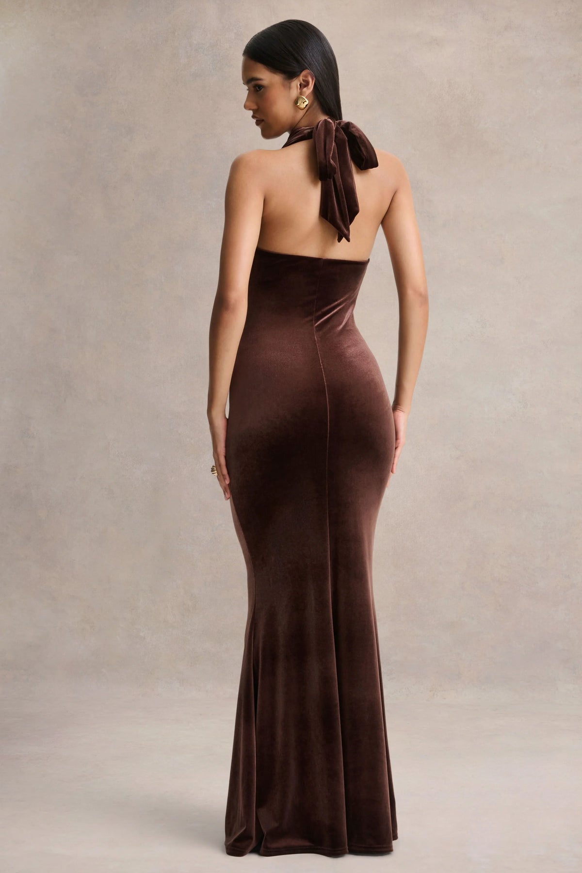 Lavernia | Brown Velvet Halter-Neck Maxi Dress With Gathered-Detailing