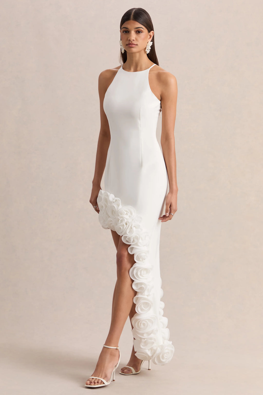 Indira | White Halter-Neck Maxi Dress With Asymmetric-Floral Hem