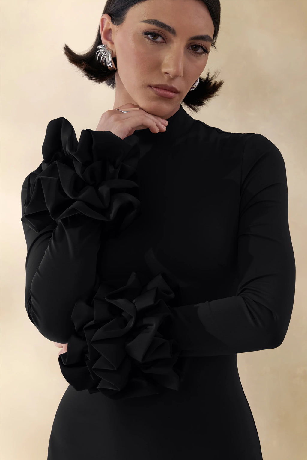 Jaselle | Black High-Neck Maxi Dress With Ruffled Satin-Cuffs