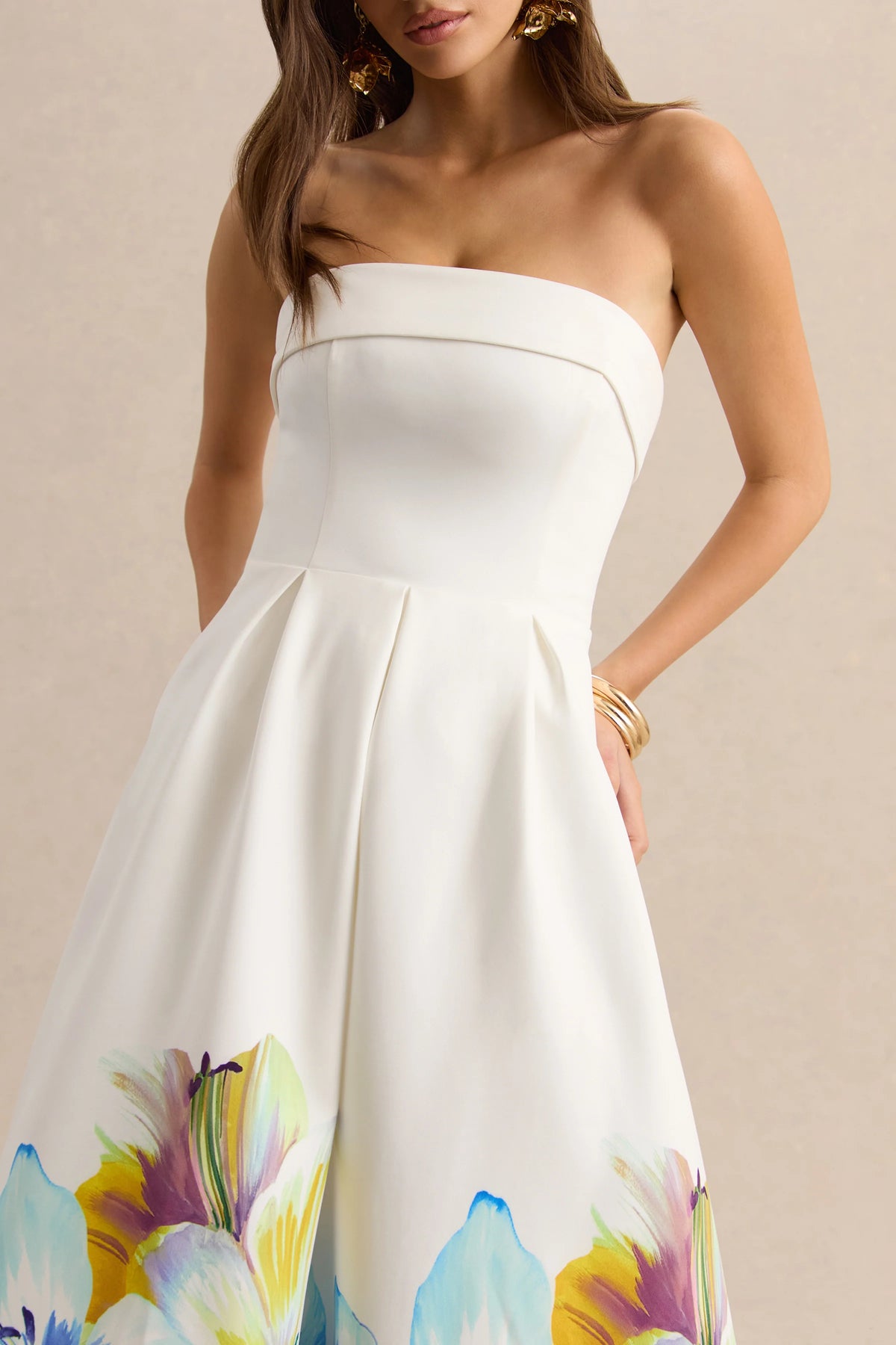 Annalise | Blue And Yellow Floral Border Print Bandeau Skater Midi Dress