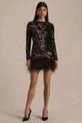 Stardust | Brown Sequined Velvet Crew-Neck Mini Dress With Feather Trim
