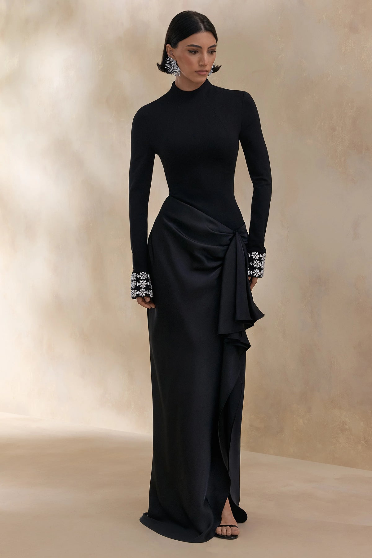 Starred | Black High-Neck Maxi Dress With Satin Wrap-Skirt And Embellished Cuffs