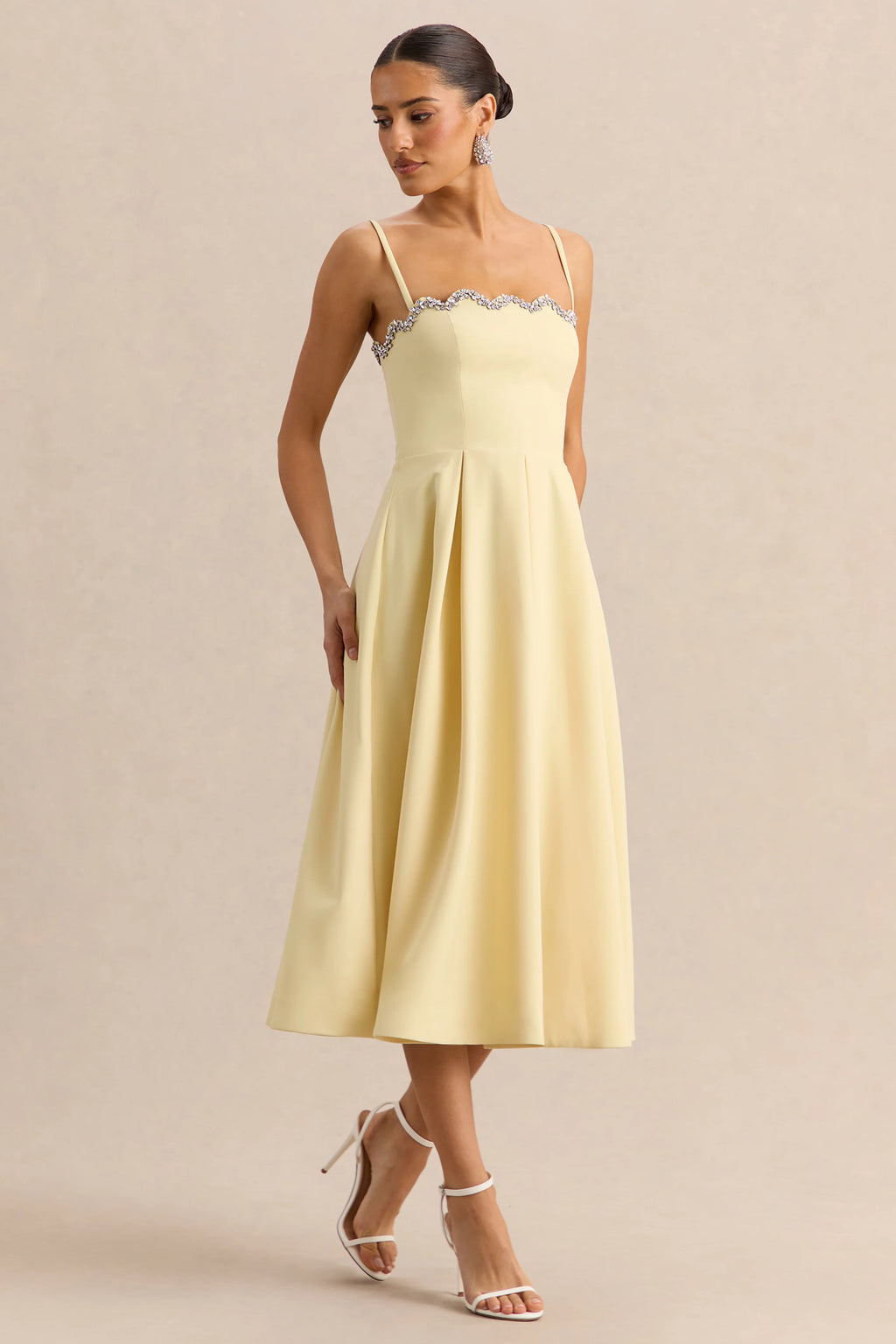Evoria | Lemon Scalloped Square-Neck Midi Dress
