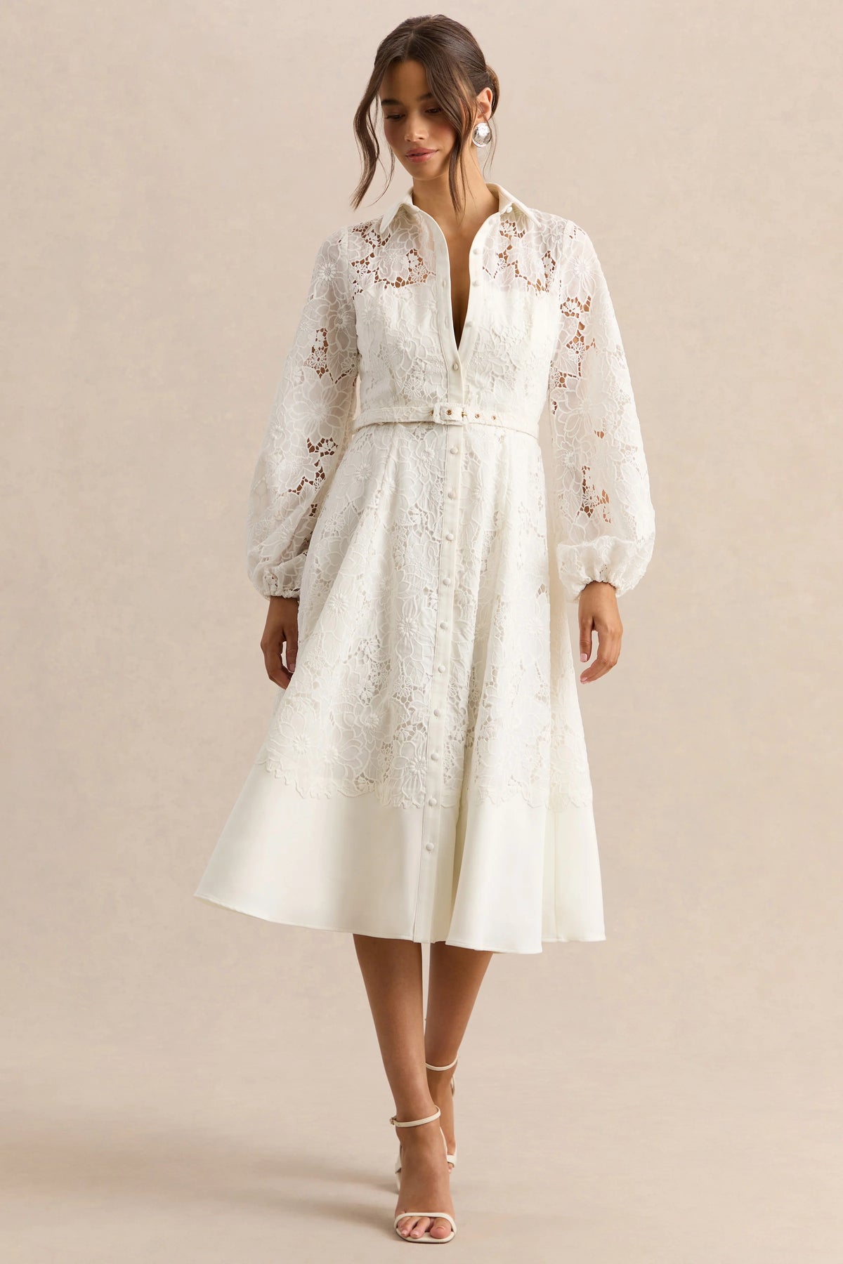 Jules | Cream Broderie High-Neck Tailored Midi Dress With Puff-Sleeves