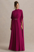 Olessia | Burgundy Belted Gathered Cape-Sleeve Maxi Dress