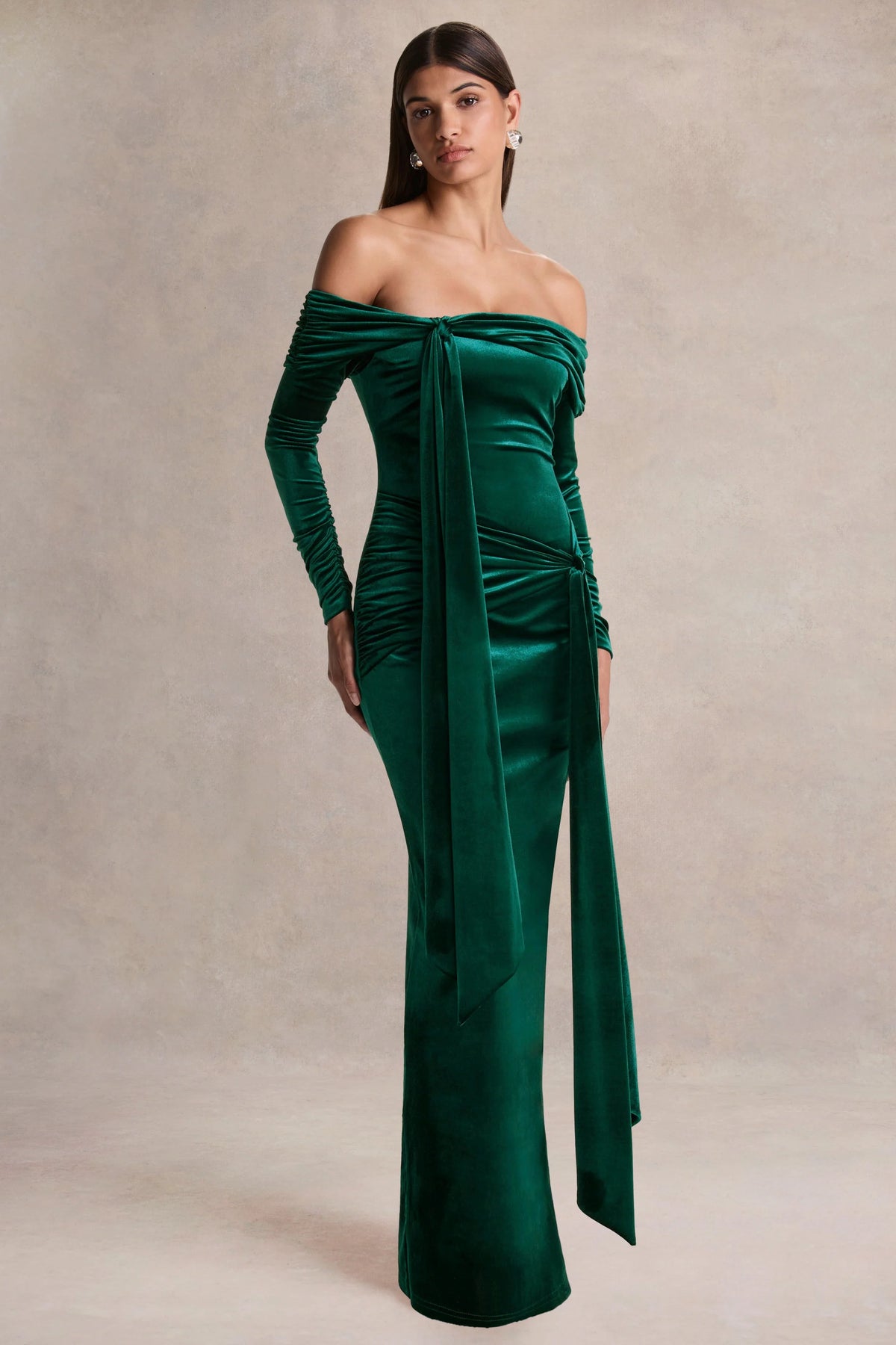 Jessara | Bottle Green Bardot-Neck Maxi Dress With Knot-Details