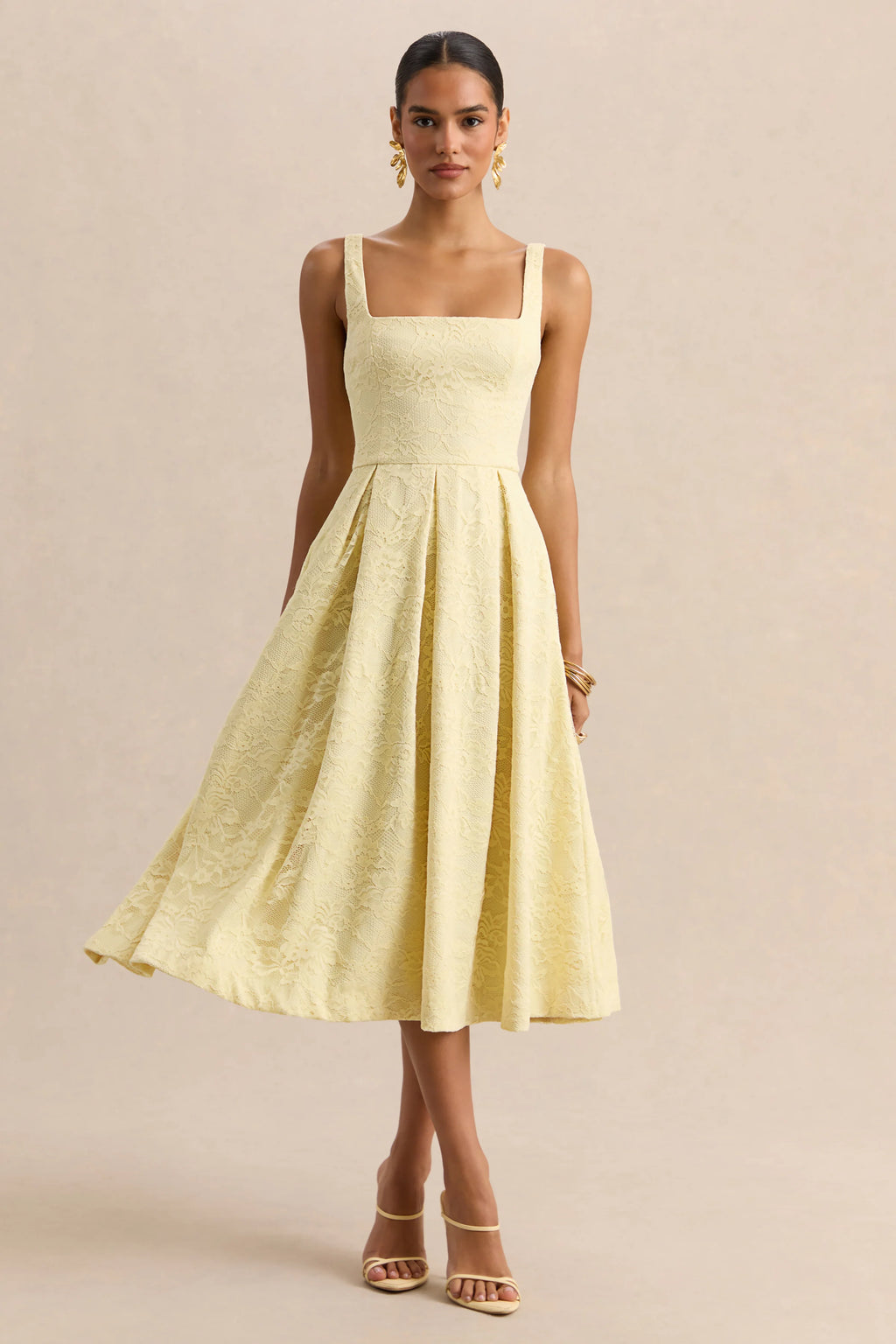 Ashmara | Lemon Lace Square-Neck Midi Dress