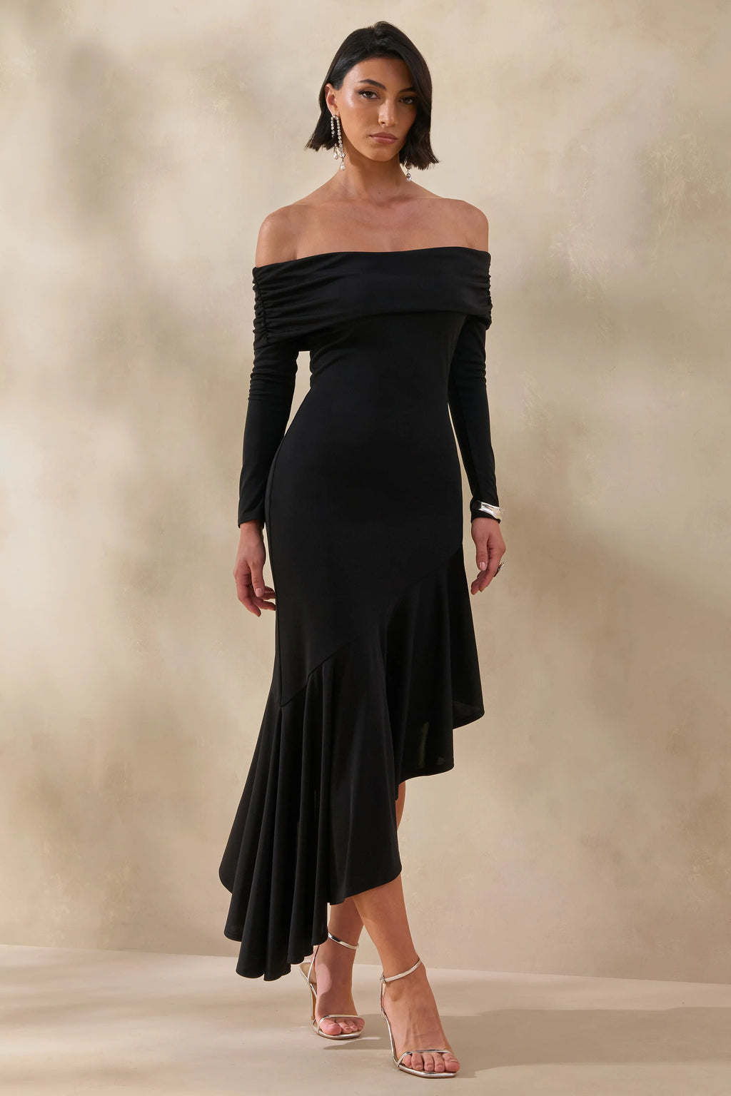 Goldara | Black Bardot-Neck Maxi Dress With Ruffled Asymmetric-Hem