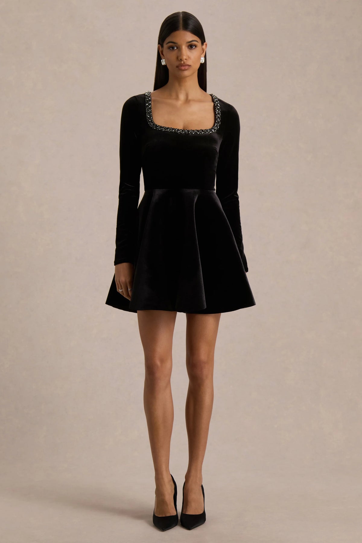 Beloved | Black Velvet Embellished Square-Neck Mini Dress