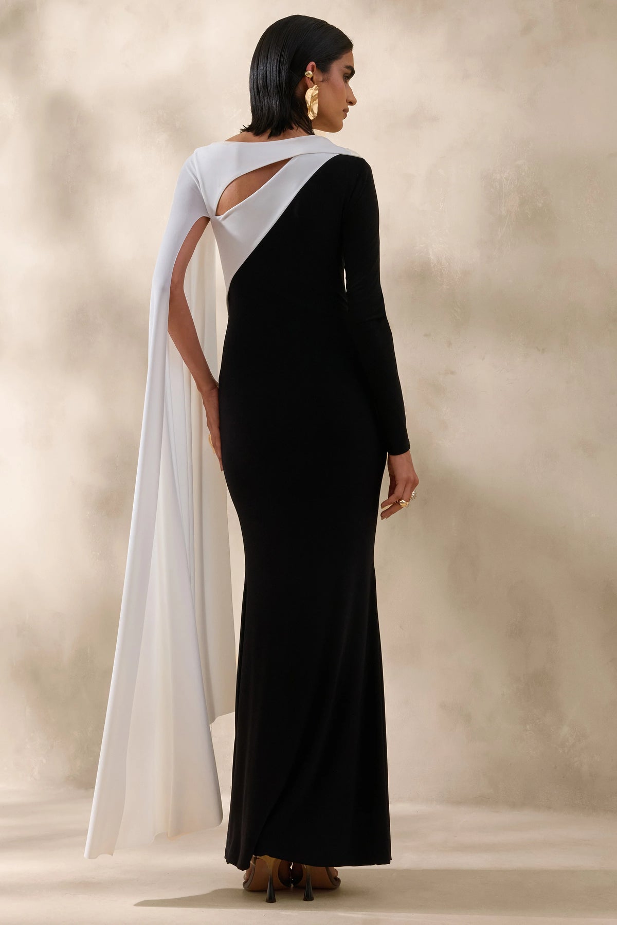 Dabria | Black And White Asymmetric-Neck Maxi Dress With Cape-Sleeve