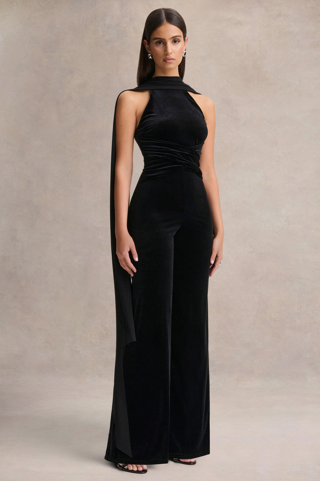 Madalina | Black High-Neck Jumpsuit With Scarf-Detail