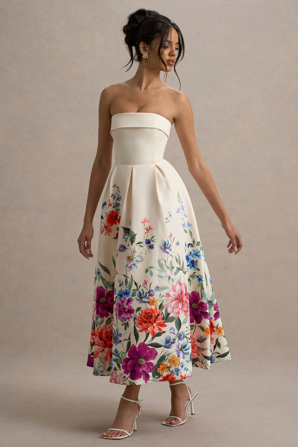 Annalise | Light Pink Floral Print Bandeau Skater Midi Dress