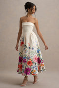 Annalise | Light Pink Floral Print Bandeau Skater Midi Dress