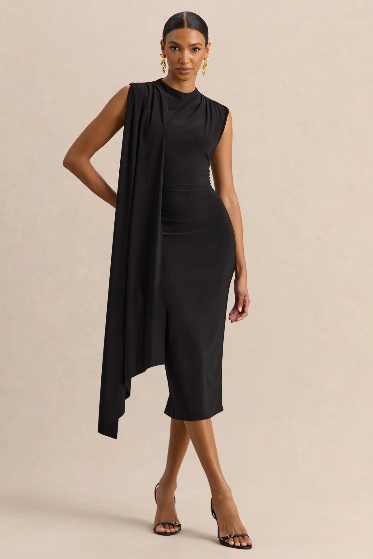 Oleandra | Black High-Neck Midi-Dress With Draped-Detail