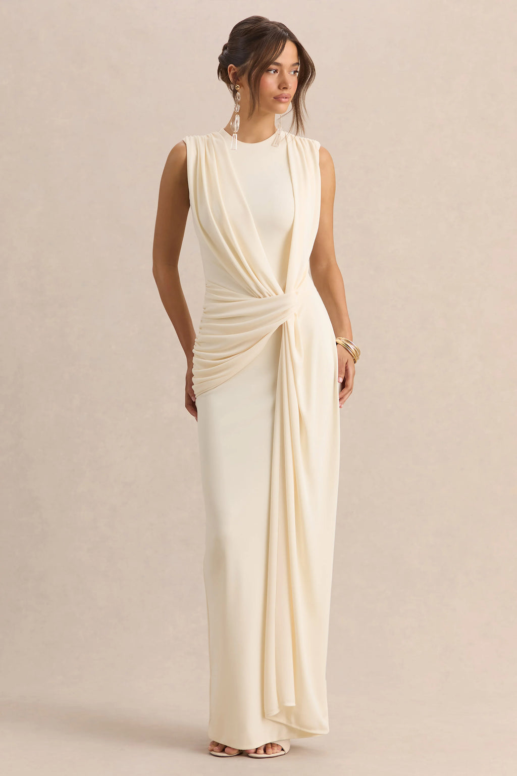 Blythia | Cream Round-Neck Maxi Dress With Gathered-Detailing