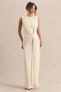 Blythia | Cream Round-Neck Maxi Dress With Gathered-Detailing