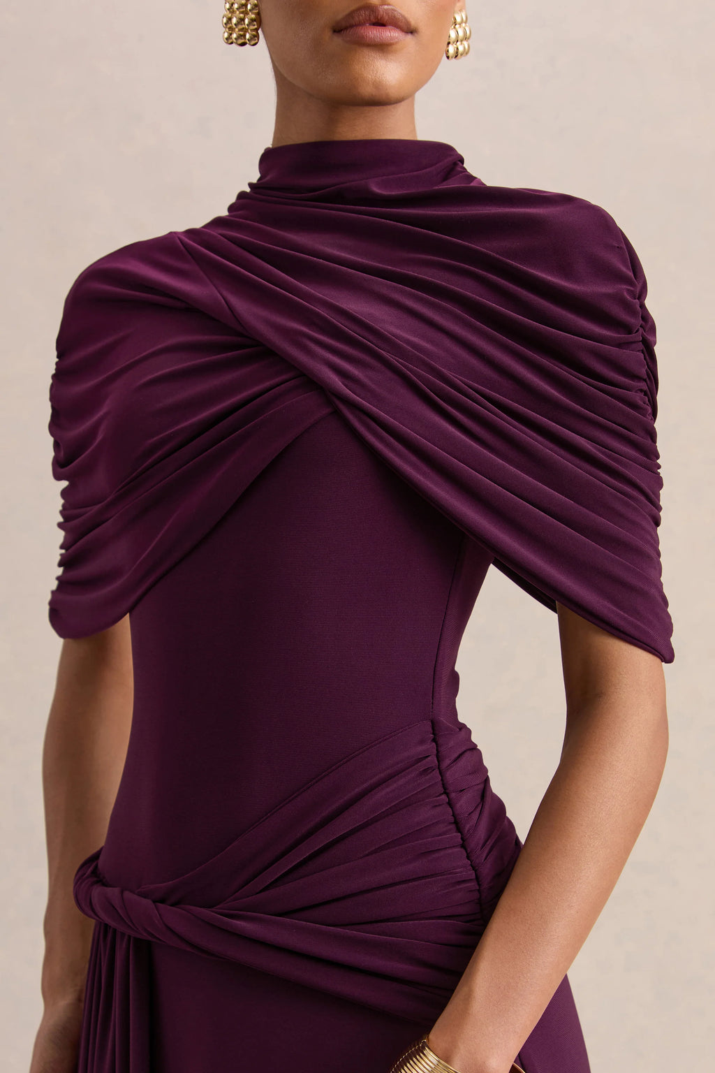 Evelisse | Plum High-Neck Maxi Dress With Short-Cape Sleeves
