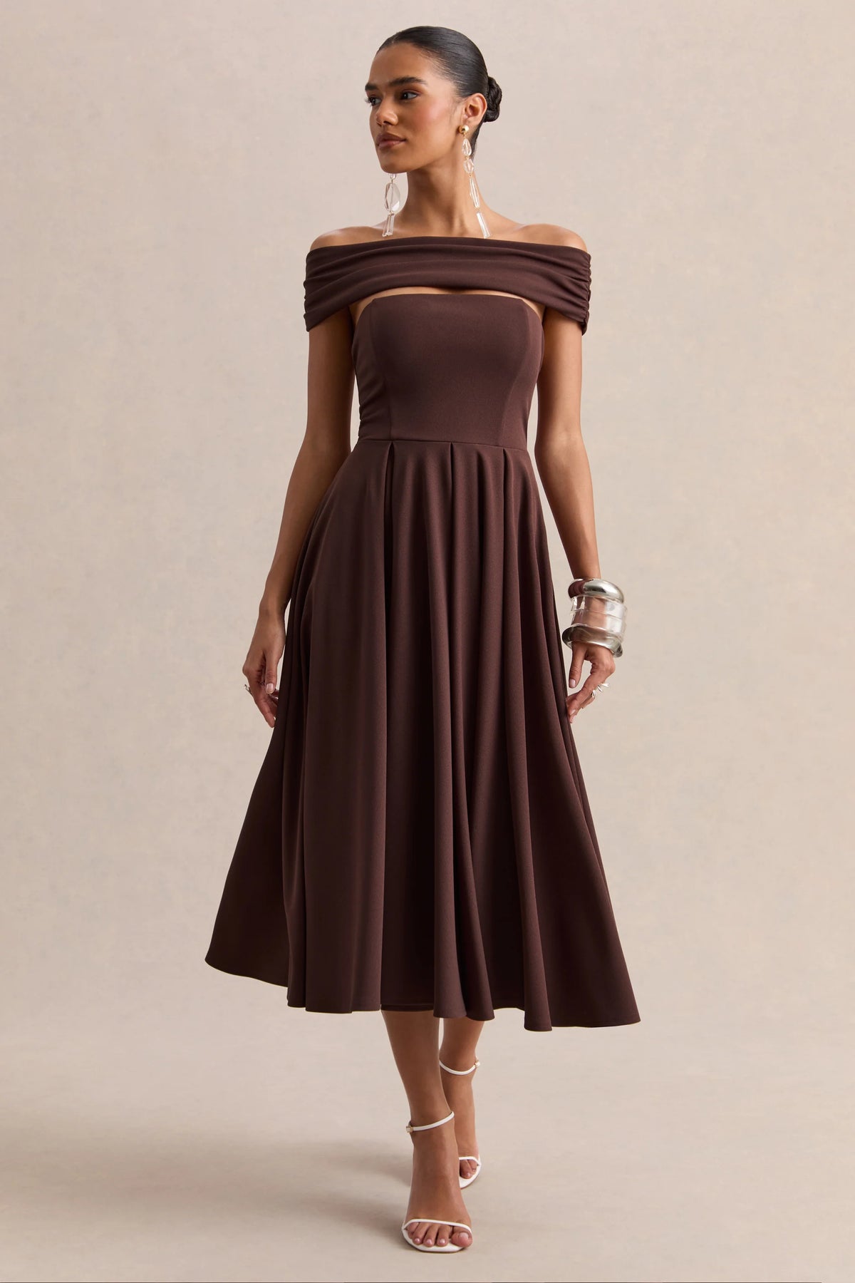 Mavina | Brown Bardot-Neck Midi Dress