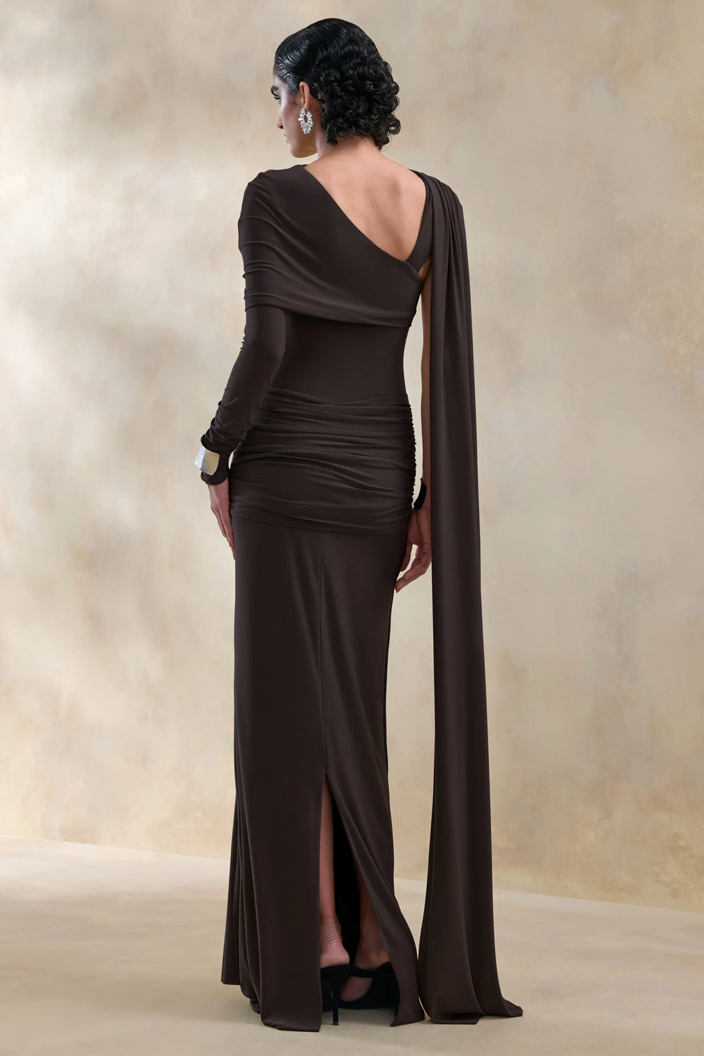 Trisara | Brown Asymmetric-Neck Maxi Dress With Gathered-Detailing And Sash