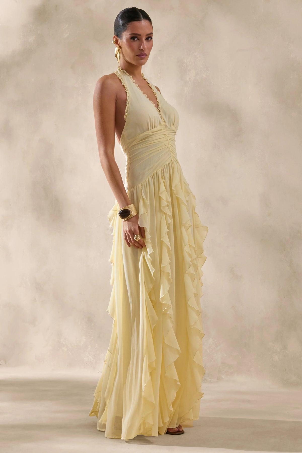 Bea | Lemon Plunge-Neck Ruffled Maxi Dress
