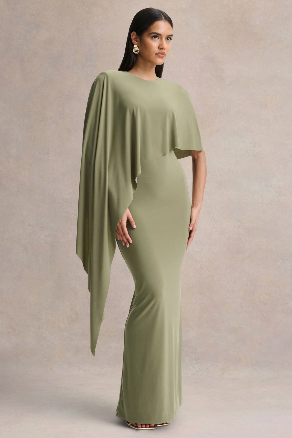 Ravena | Olive Crew-Neck Maxi Dress With Asymmetric-Cape Sleeve